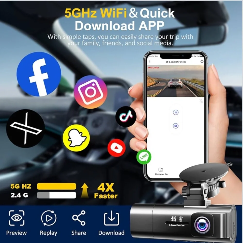 4K Dash Cam Front & Rear IPS,3 Channel Dash Cam with 5G Wifi 64 Card Included
